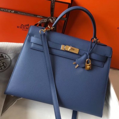 Copy Hermes Kelly 32cm Bag In Blue Agate Epsom Leather GHW JM2031Kn74