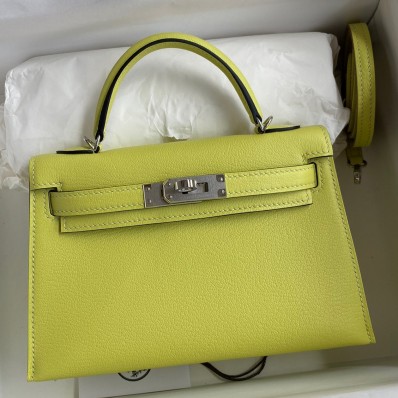 Copy Hermes Kelly Mini II Sellier Handmade Bag In Jaune Bourgeon Chevre Mysore Leather JM39tk27
