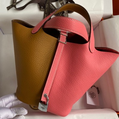 Copy Hermes Picotin Lock 18 Bicolor Handmade Bag in Sesame and Rose Azalee Clemence Leather JM1276Wq19