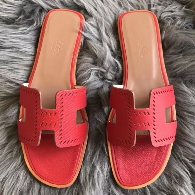 Fake Hermes Oran Perforated Sandals In Red Epsom Leather JM479uQ71