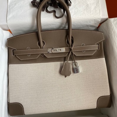 Hermes Birkin 35 Handmade Bag In Toile & Taupe Clemence Leather JM1494lu18