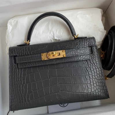 Hermes Kelly Mini II Sellier Handmade Bag In Graphite Matte Alligator Leather JM1003AM45