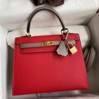 Hermes Kelly Sellier 25 Bicolor Bag in Red and Etain Epsom Calfskin JM284CD19