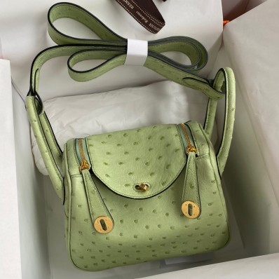 Replica Fashion Hermes Mini Lindy Handmade Bag In Vert Cypres Ostrich Leather JM1975Vw59