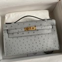 Best Hermes Kelly Pochette Handmade Bag In Blue Glacier Ostrich Leather JM849LC65
