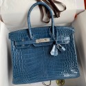 Copy Hermes Birkin 30 Handmade Bag In Blue Tempete Crocodile Niloticus Shiny Skin JM1802Lm44