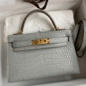 Designer Hermes Kelly Mini II Sellier Handmade Bag In Pearl Grey Matte Alligator Leather JM2039SU34