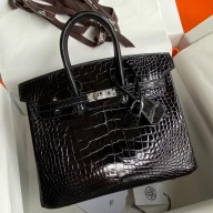 Imitation Hermes Birkin 25 Retourne Handmade Bag In Black Shiny Alligator Leather JM1687RD67