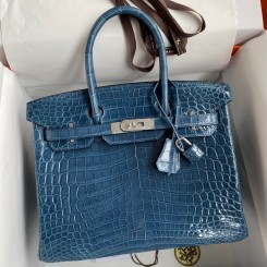 Copy Hermes Birkin 30 Handmade Bag In Blue Tempete Crocodile Niloticus Shiny Skin JM1802Lm44