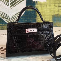 Fake Hermes Kelly Mini II Handmade Bag In Black Alligator Crocodile JM451SY47