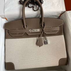 Hermes Birkin 35 Handmade Bag In Toile & Taupe Clemence Leather JM1494lu18
