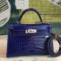 Hermes Kelly Mini II Handmade Bag In Blue Alligator Crocodile JM139uZ84