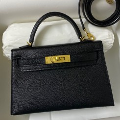 Hermes Kelly Mini II Sellier Handmade Bag In Black Chevre Mysore Leather JM785yx89