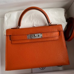 Hermes Kelly Mini II Sellier Handmade Bag In Orange Chevre Mysore Leather JM887pB23