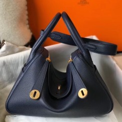 Hot Hermes Lindy 30cm Bag In Navy Blue Clemence Leather GHW JM110GO58