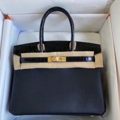 Imitation Hermes Touch Birkin 30 Bag In Black Shiny Niloticus Crocodile Skin JM1568Nj42