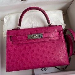 Replica Hermes Kelly Mini II Sellier Handmade Bag In Rose Red Ostrich Leather JM841yP83