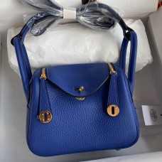 AAA Hermes Mini Lindy Handmade Bag In Blue Electric Clemence Leather JM1573DY28
