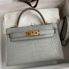 Designer Hermes Kelly Mini II Sellier Handmade Bag In Pearl Grey Matte Alligator Leather JM2039SU34