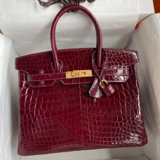 Hermes Birkin 30 Handmade Bag In Bordeaux Crocodile Niloticus Shiny Skin JM540uU16