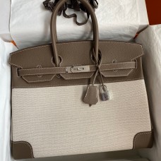 Hermes Birkin 35 Handmade Bag In Toile & Taupe Clemence Leather JM1494lu18