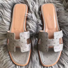 Hermes Oran Sandals In Grey Ostrich Leather JM1610cC72