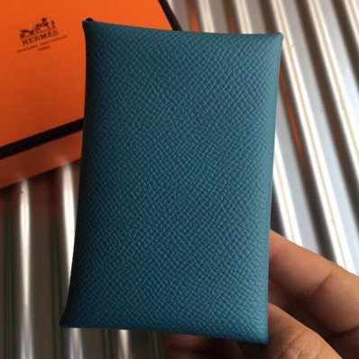 AAA Hermes Calvi Card Holder In Blue Jean Epsom Leather JM1842xz31