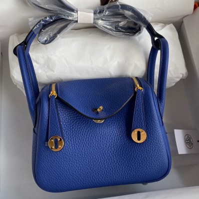 AAA Hermes Mini Lindy Handmade Bag In Blue Electric Clemence Leather JM1573DY28