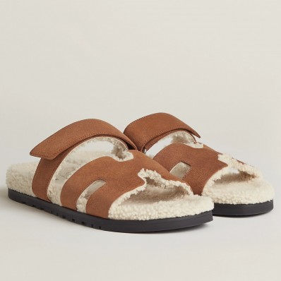 Best 1:1 Hermes Women's Chypre Sandals in Tan Suede with Shearling JM1770em76