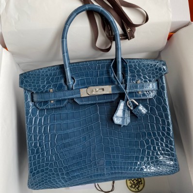 Copy Hermes Birkin 30 Handmade Bag In Blue Tempete Crocodile Niloticus Shiny Skin JM1802Lm44