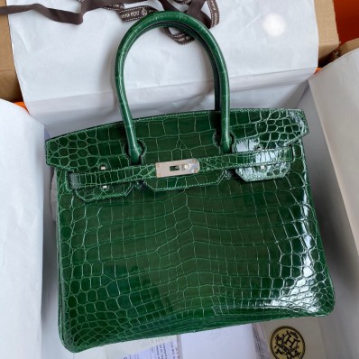 Copy Hermes Birkin 30 Handmade Bag In Malachite Crocodile Niloticus Shiny Skin JM1540lS75