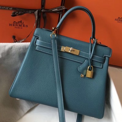 Copy Hermes Kelly 28cm Bag In Blue Jean Clemence Leather GHW JM1838lS75