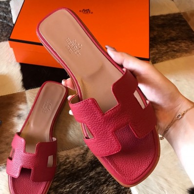 Copy Hermes Oran Slide Sandals In Red Clemence Leather JM1202Lo91
