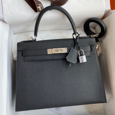 Fake AAAAA Hermes Kelly Sellier 28 Handmade Bag In Black Epsom Calfskin JM1334YK70