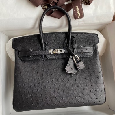 Fake Hermes Birkin 25 Retourne Handmade Bag In Black Ostrich Leather JM215Jf64