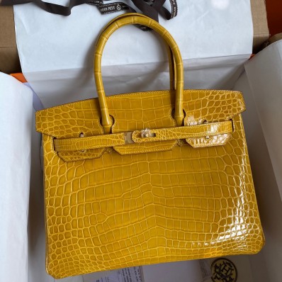 Fake Hermes Birkin 30 Handmade Bag In Jaune Ambre Crocodile Niloticus Shiny Skin JM1075uQ71