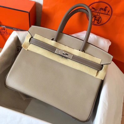 Fake Hermes Birkin 30 Handmade Bicolor Bag In Grey Epsom Leather JM552Lm57