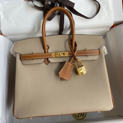 Fake Hermes HSS Birkin 25 Bicolor Bag in Trench and Gold Epsom Calfskin JM844IZ26