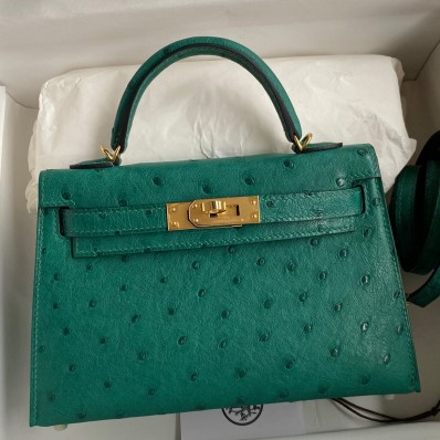 Fake Hermes Kelly Mini II Sellier Handmade Bag In Vert Vertigo Ostrich Leather JM213aX74