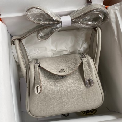 Fake Hermes Mini Lindy Handmade Bag In Pearl Grey Clemence Leather JM548GR32