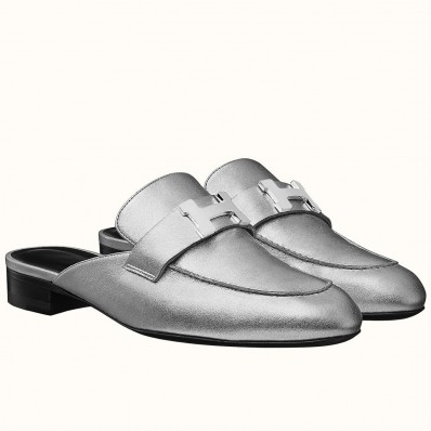 Fake Hermes Trocadero Mules In Silver Nappa Leather JM1397Bp55