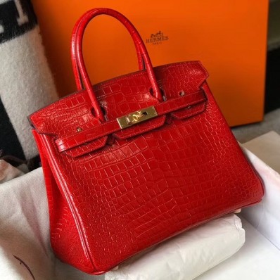Fake Replica Hermes Birkin 30cm Bag In Red Embossed Crocodile Leather JM1044wE81