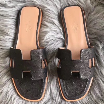 Fashion Imitation Hermes Oran Sandals In Black Ostrich Leather JM1333nM61