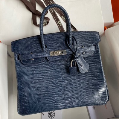 Hermes Birkin 25 Retourne Handmade Bag In Blue Saphir Lizard Leather JM1972vF44