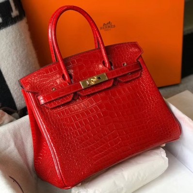 Hermes Birkin 25cm Bag In Red Embossed Crocodile Leather JM1730RX32