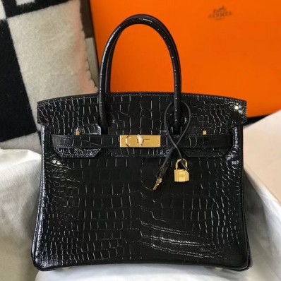 Hermes Birkin 30cm Bag In Black Embossed Crocodile Leather JM704vp28