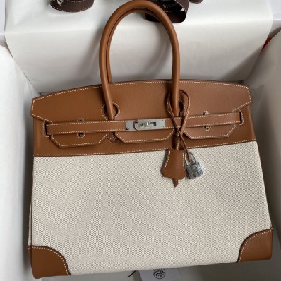 Hermes Birkin 35 Handmade Bag In Toile & Gold Swift Leather JM838uU16