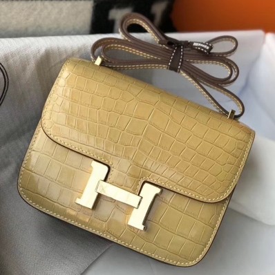 Hermes Constance 18 Handmade Bag In Jaune Poussin Embossed Crocodile JM1942Av26