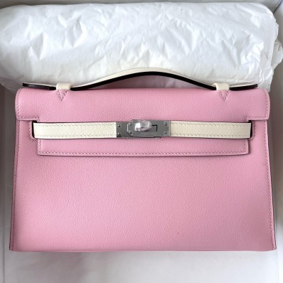 Hermes HSS Kelly Pochette Bicolor Bag in Pink and Craie Swift Calfskin JM1348Rd78