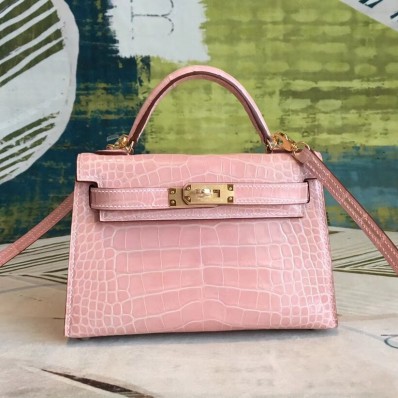 Hermes Kelly Mini II Handmade Bag In Nude Alligator Crocodile JM1963NR41